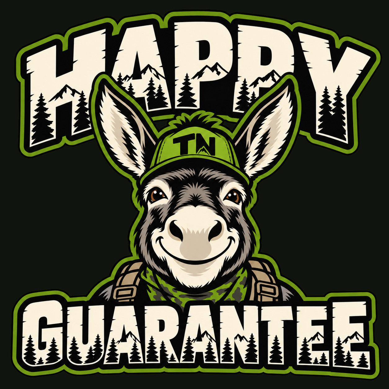 Happy Ass Guarantee badge featuring a smiling donkey in outdoor gear